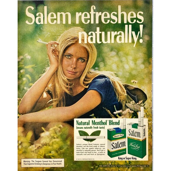 Salem Cigarettes "Refreshes Nautrally: Woman in Field" Vintage Print Ad 1970's - Picture 1 of 3